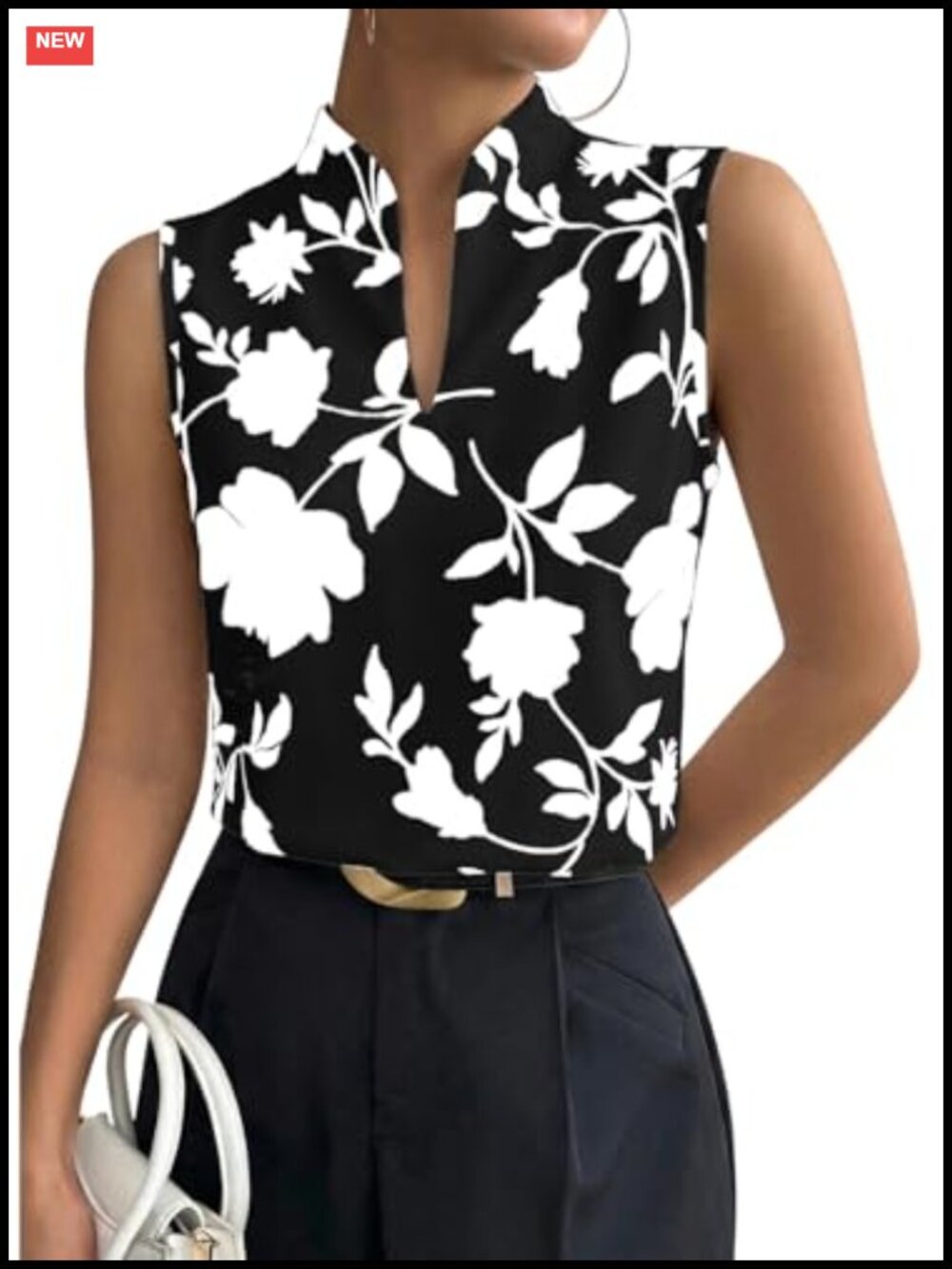 Sleeveless Floral Blouse Business Casual V-Neck Top Relaxed Fit
